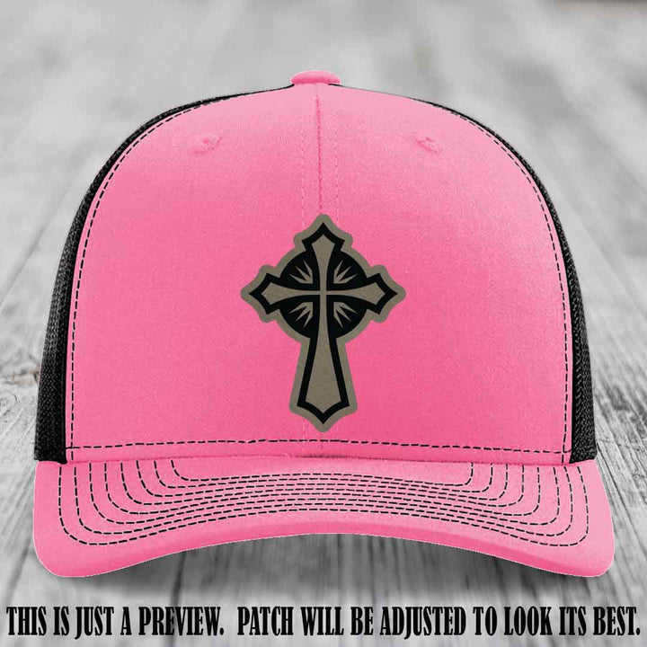 Crossfire Faith design on Light Brown to Black Patch leather patch with Hot Pink to Black Hat Richardson 112 hat.