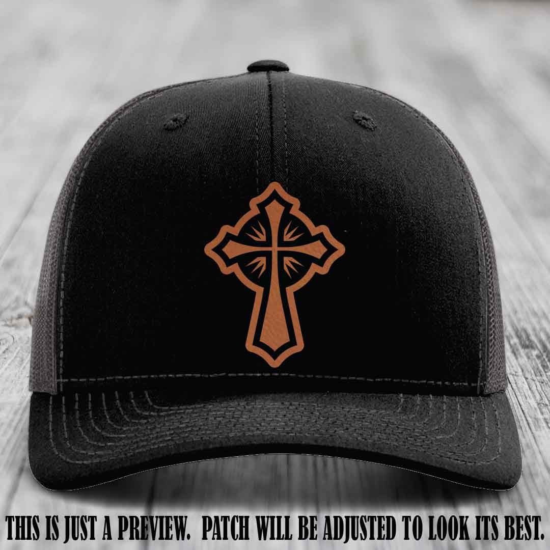 Crossfire Faith design on Rawhide to Black Patch leather patch with Black to Charcoal Hat Richardson 112 hat.
