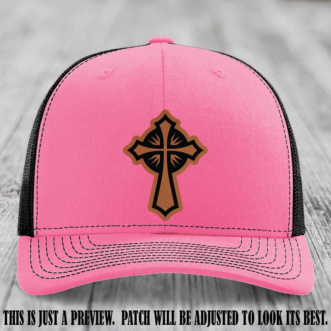 Crossfire Faith design on Rawhide to Black Patch leather patch with Hot Pink to Black Hat Richardson 112 hat.