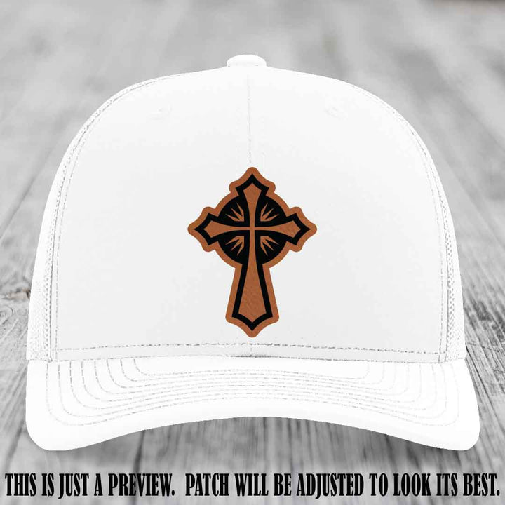 Crossfire Faith design on Rawhide to Black Patch leather patch with White Hat Richardson 112 hat.