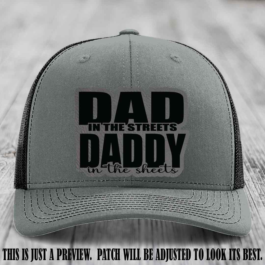 Dad in the Streets Daddy in the Sheets 🔥 Leather Patch Hat - Grey to Black Patch on Heather Grey to Black Hat