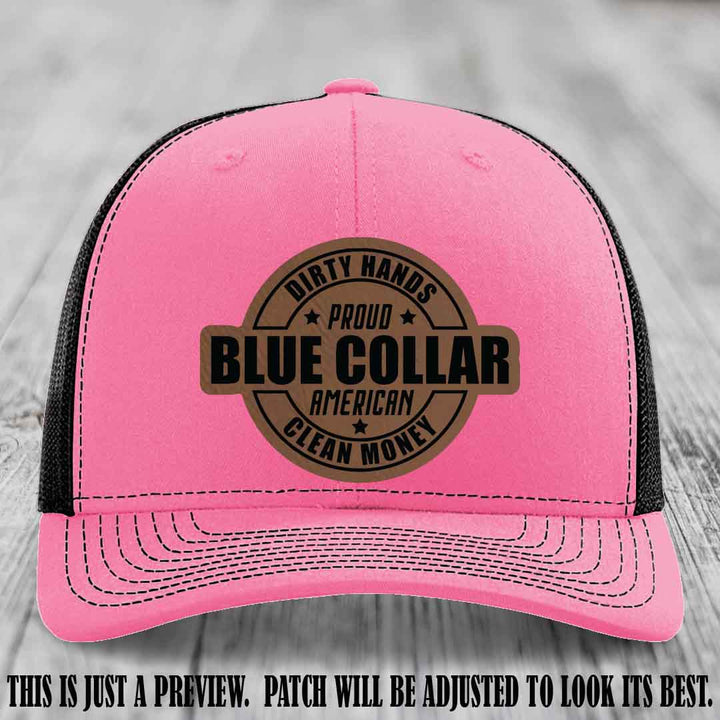 Dirty Hands Proud Blue Collar πΊπΈπͺ Leather Patch Hat with Dark Brown to Black Patch on Hot Pink to Black Hat