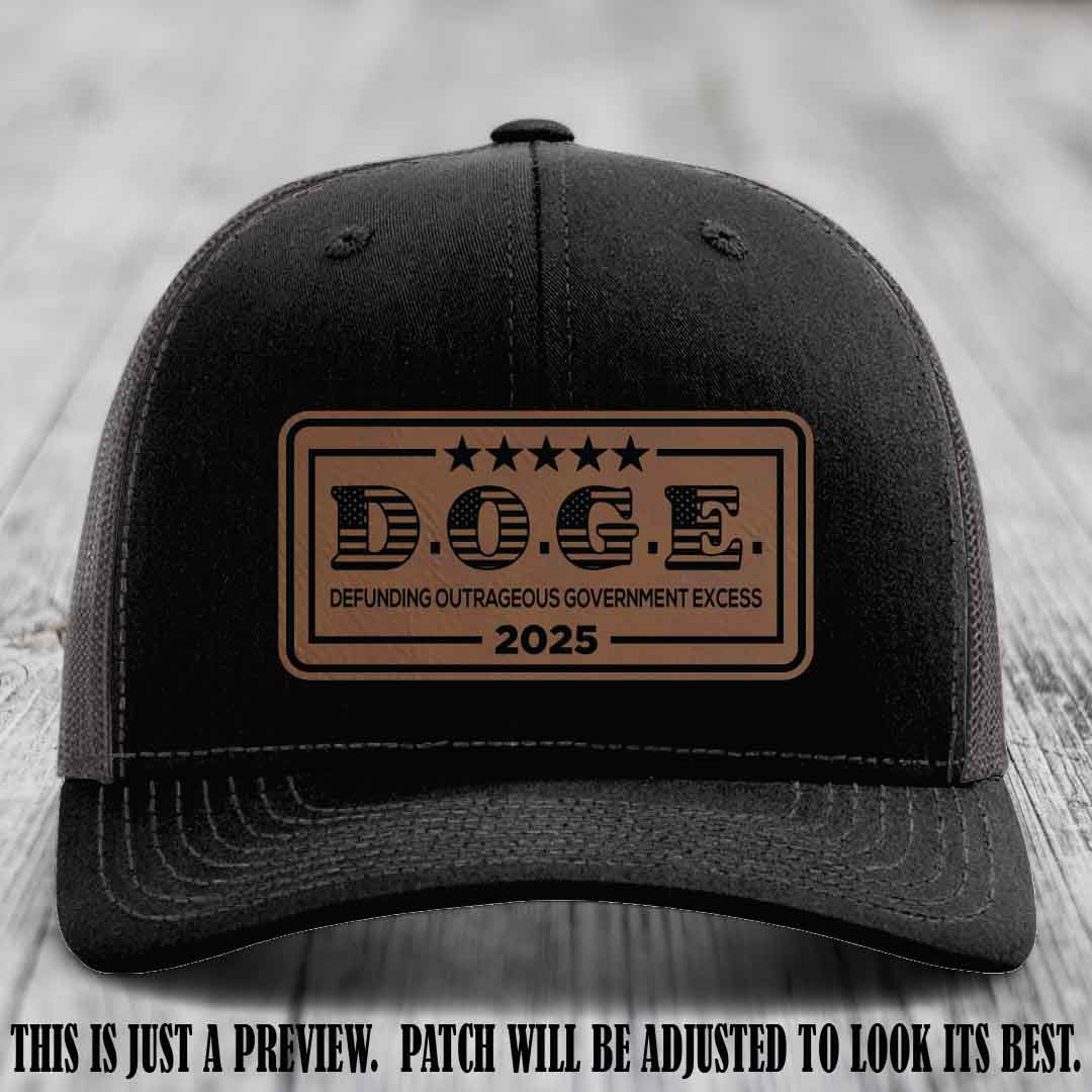 D.O.G.E. 2025 leather patch hat with dark brown to black patch on a black to charcoal hat