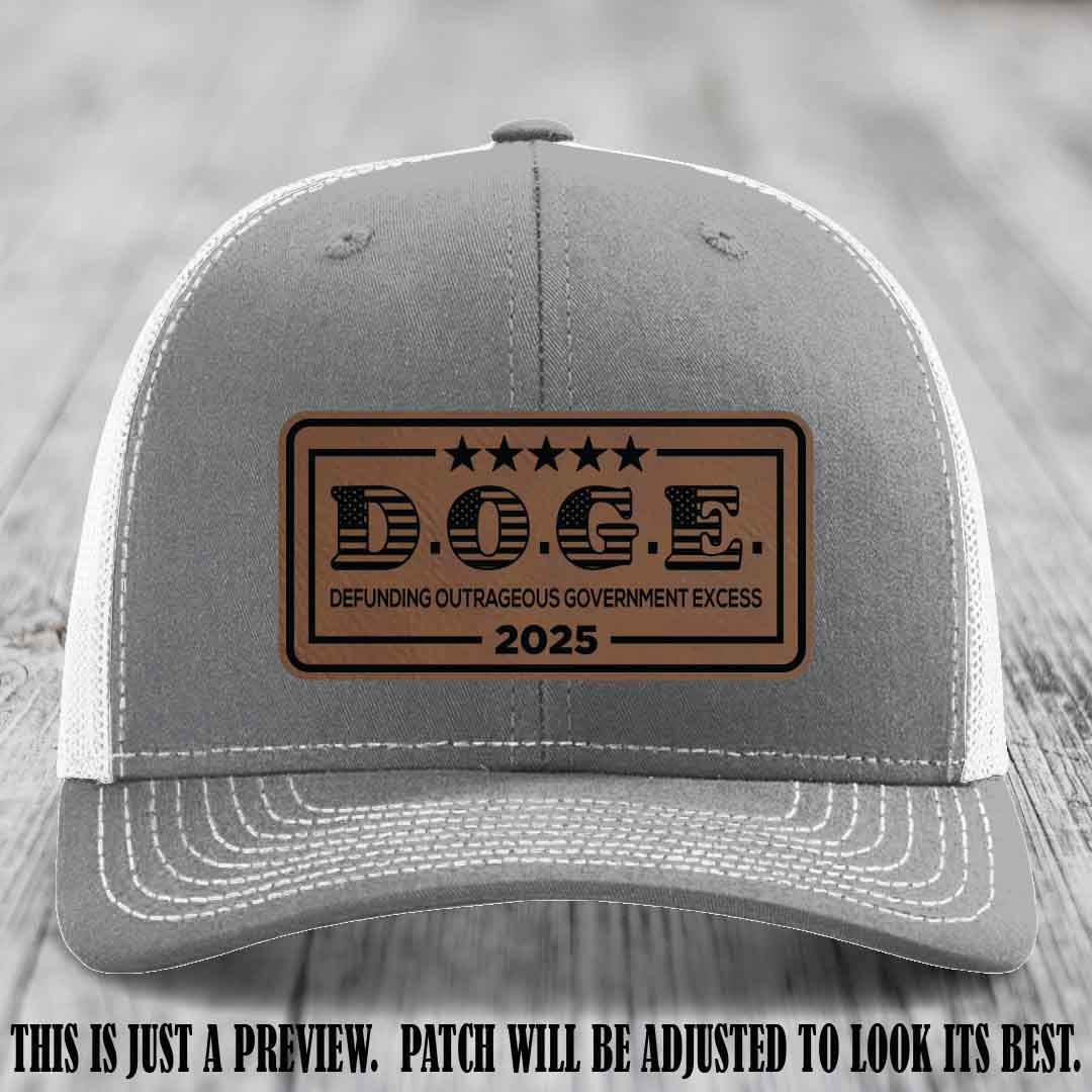 D.O.G.E. 2025 leather patch hat with dark brown to black patch on a heather grey to white hat