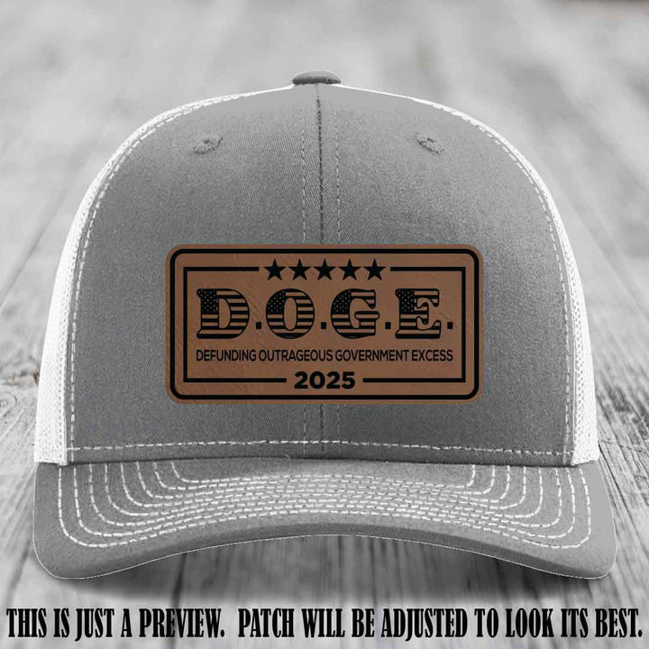D.O.G.E. 2025 leather patch hat with dark brown to black patch on a heather grey to white hat