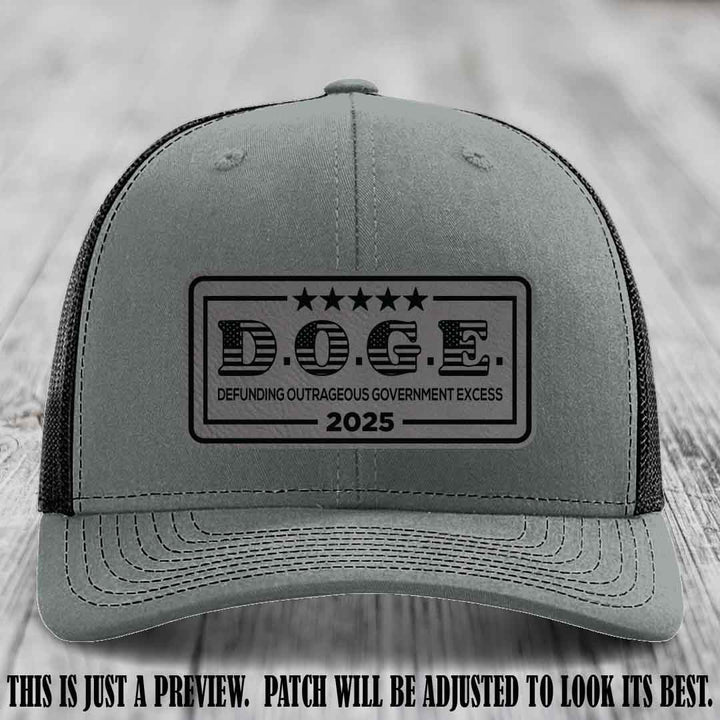 D.O.G.E. 2025 leather patch hat with grey to black patch on a heather grey to black hat