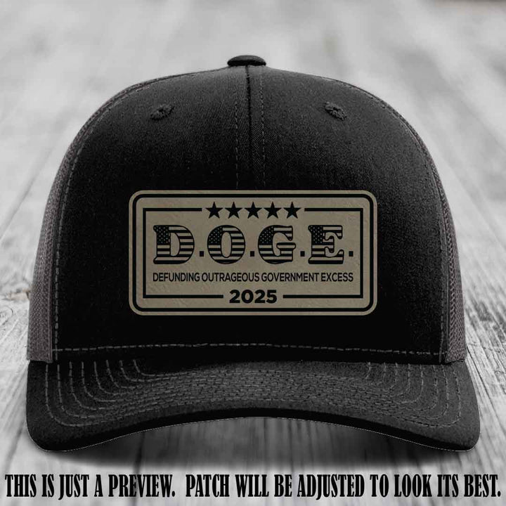 D.O.G.E. 2025 leather patch hat with light brown to black patch on a black to charcoal hat