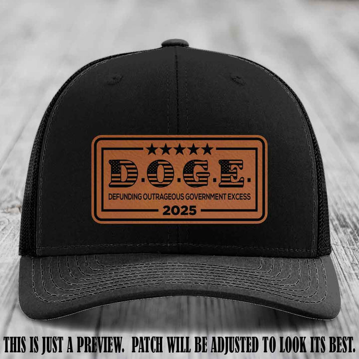 D.O.G.E. 2025 leather patch hat with rawhide to black patch on a black hat