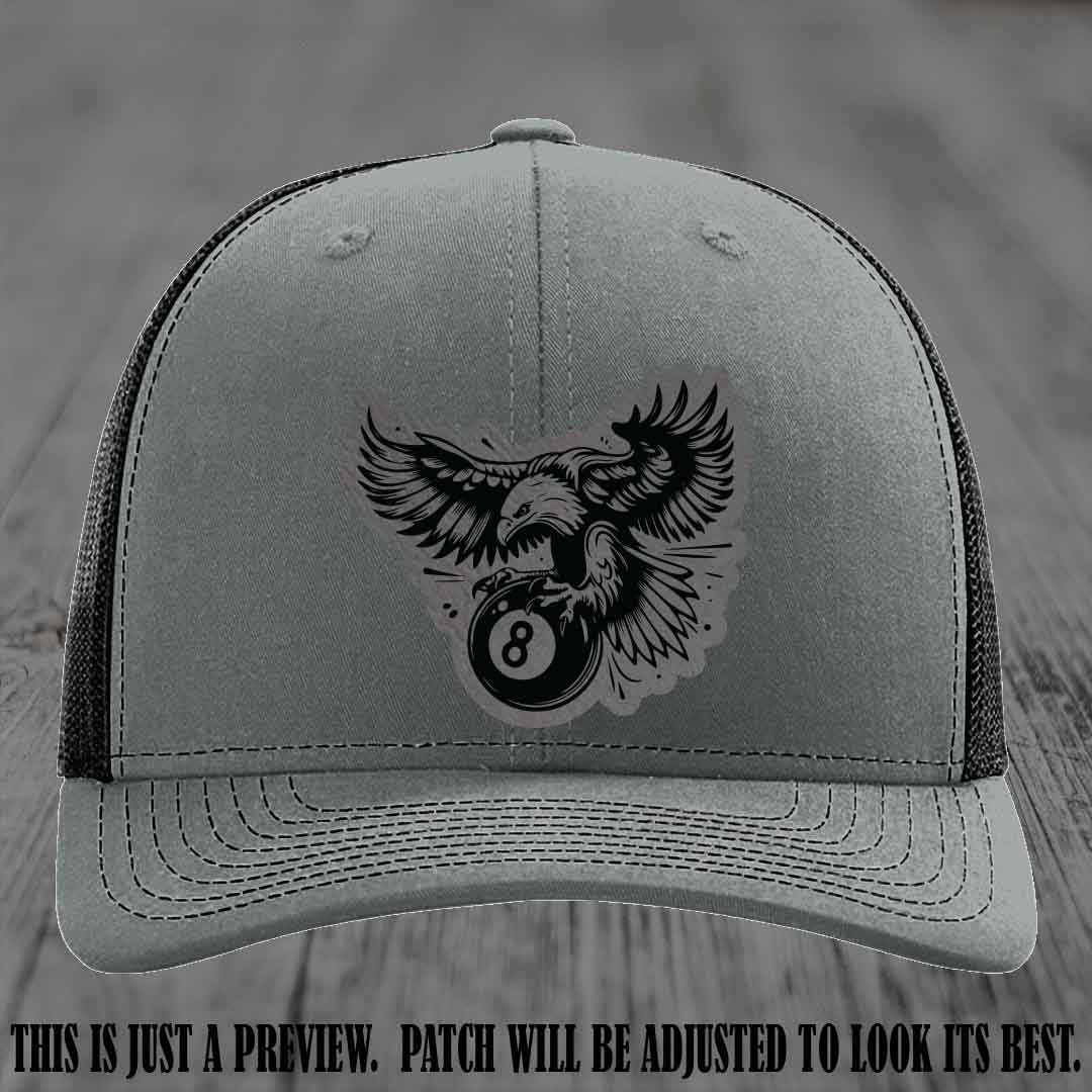 Eagle Eightball leather patch hat in Grey to Black Patch on Heather Grey to Black Hat