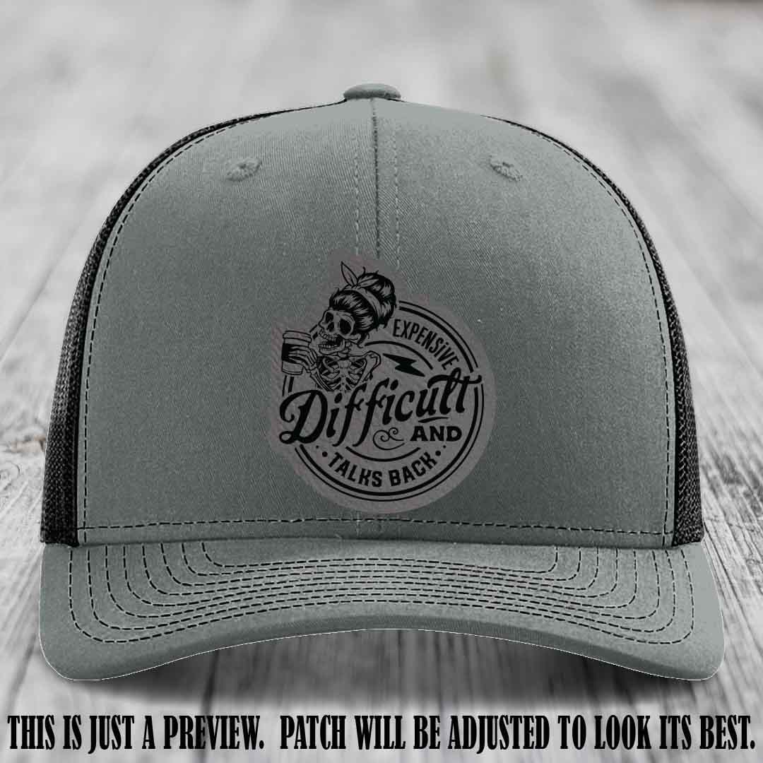 Expensive Difficult & Talks Back āš Leather Patch Hat with Grey to Black Patch on Heather Grey to Black Hat