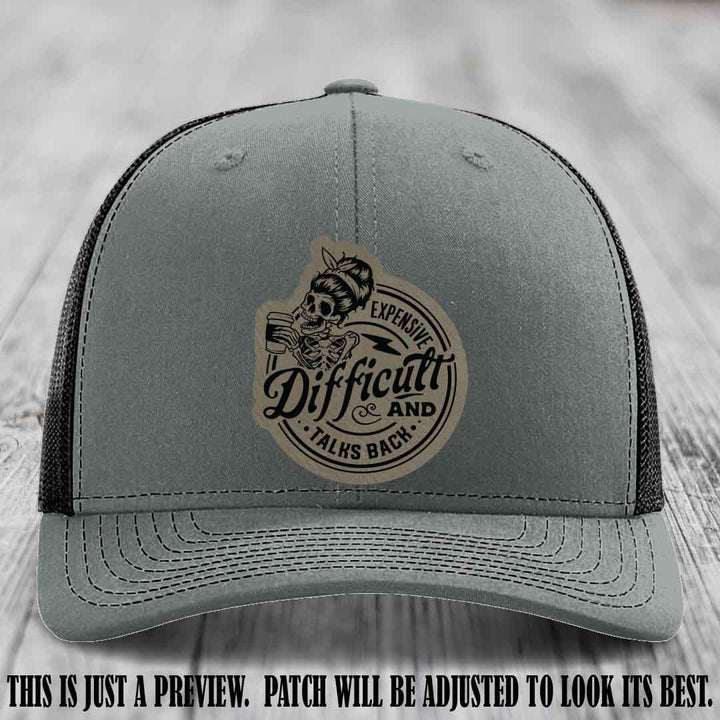 Expensive Difficult & Talks Back ☕💀 Leather Patch Hat with Light Brown to Black Patch on Heather Grey to Black Hat