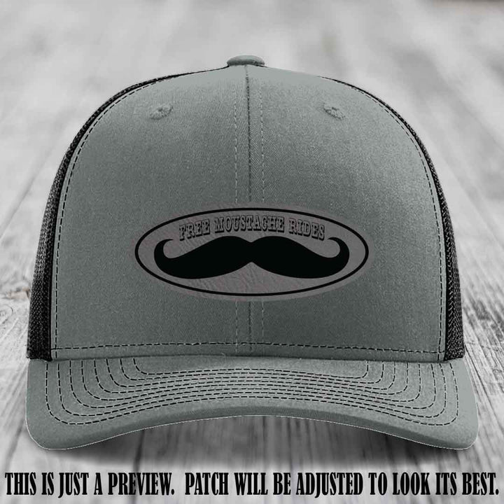 Free Moustache Rides 🥸 Leather Patch Hat | Richardson 112 Custom Trucker Grey to Black Patch on Heather Grey to Black Hat