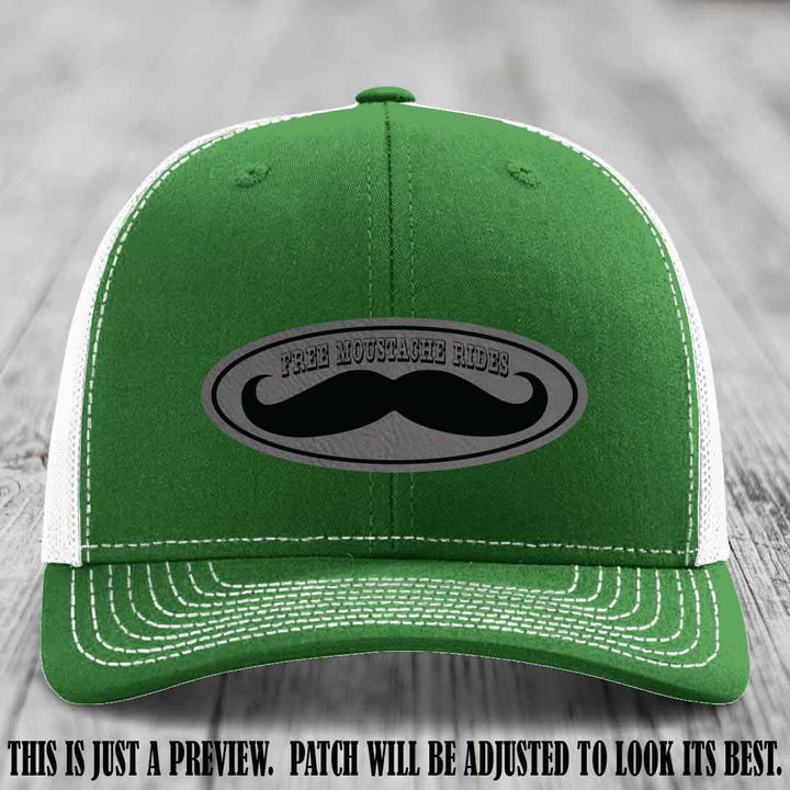Free Moustache Rides 🥸 Leather Patch Hat | Richardson 112 Custom Trucker Grey to Black Patch on Kelly to White Hat