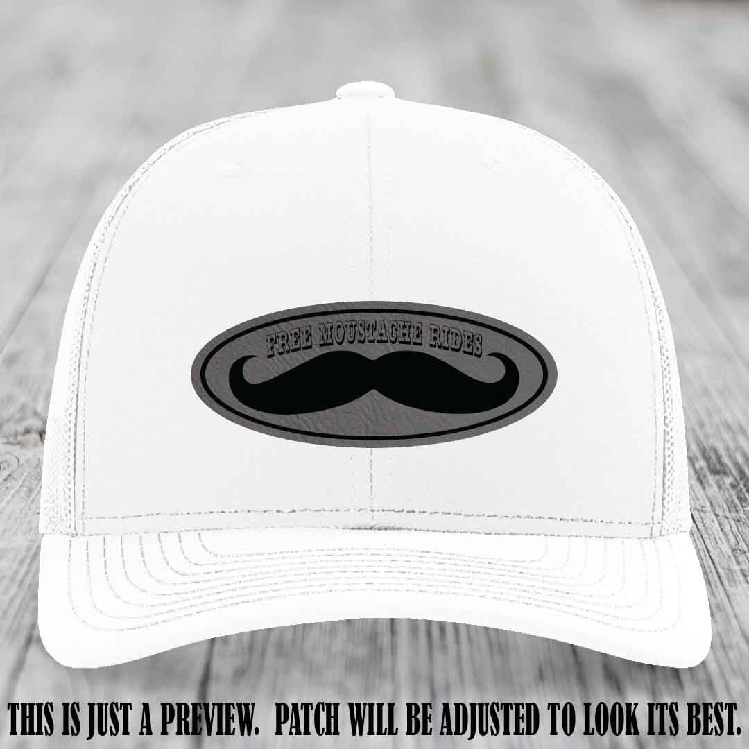 Free Moustache Rides 🥸 Leather Patch Hat | Richardson 112 Custom Trucker Grey to Black Patch on White Hat