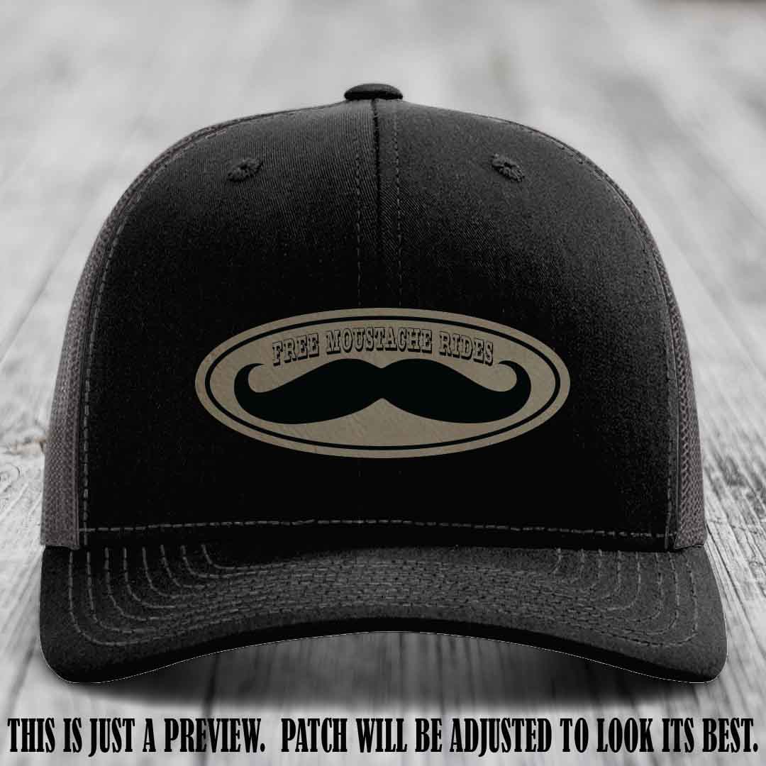 Free Moustache Rides 🥸 Leather Patch Hat | Richardson 112 Custom Trucker Light Brown to Black Patch on Black to Charcoal Hat