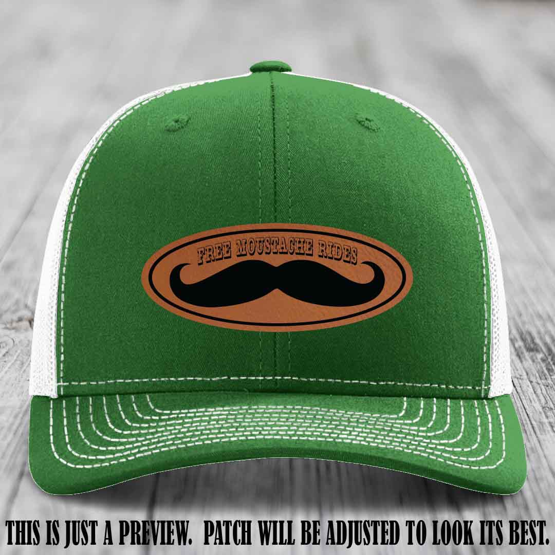 Free Moustache Rides 🥸 Leather Patch Hat | Richardson 112 Custom Trucker Rawhide to Black Patch on Kelly to White Hat