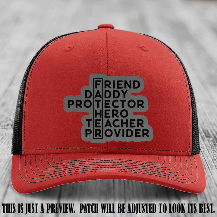 Father Figure 🤠 Leather Patch Hat with Grey to Black patch on Red to Black Hat