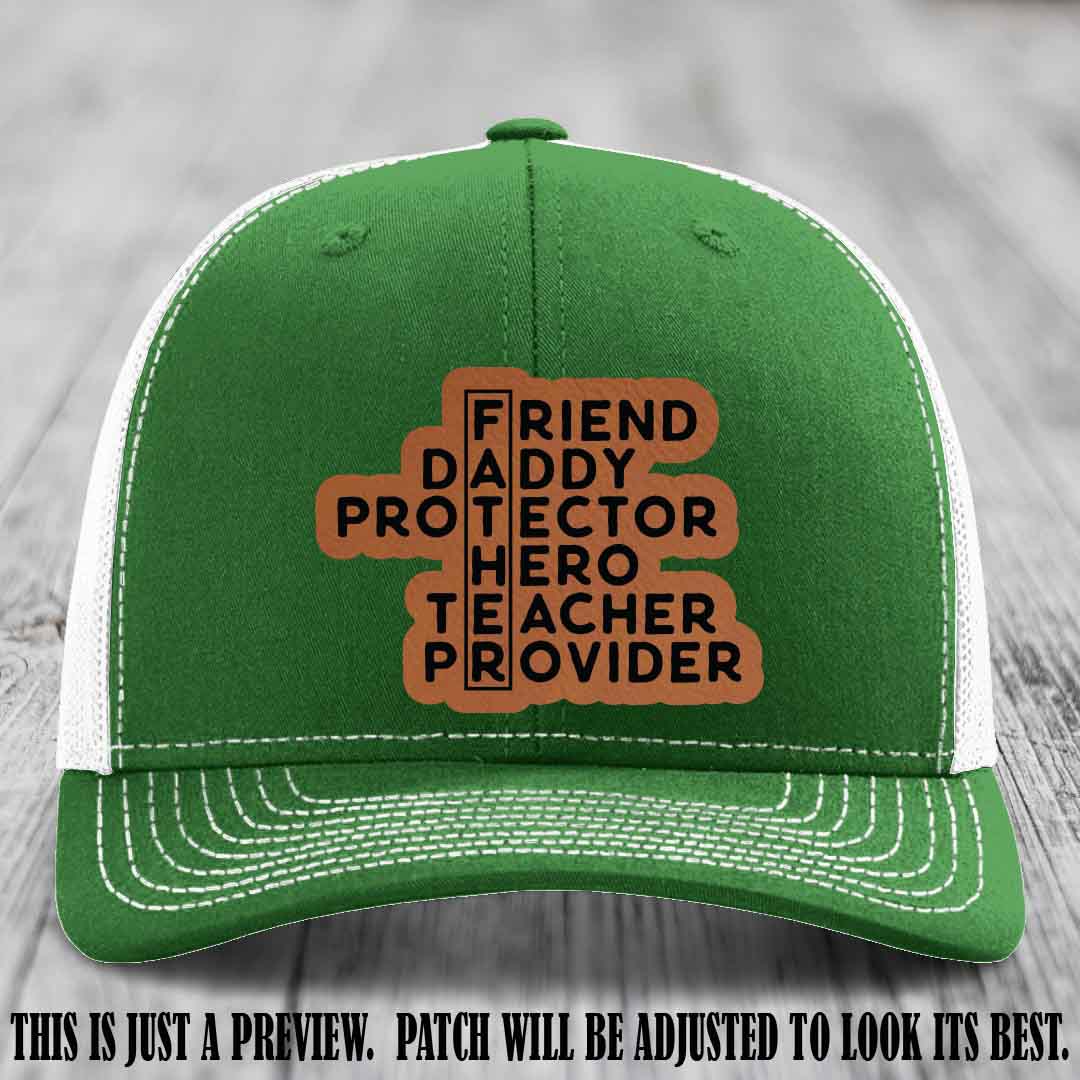 Father Figure 🤠 Leather Patch Hat with Rawhide to Black patch on Kelly to White Hat