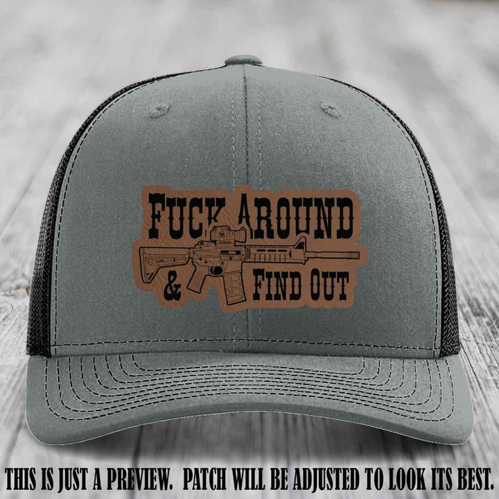 Fuck Around & Find Out ๐ซ Leather Patch Hat Dark Brown to Black on Heather Grey to Black Hat