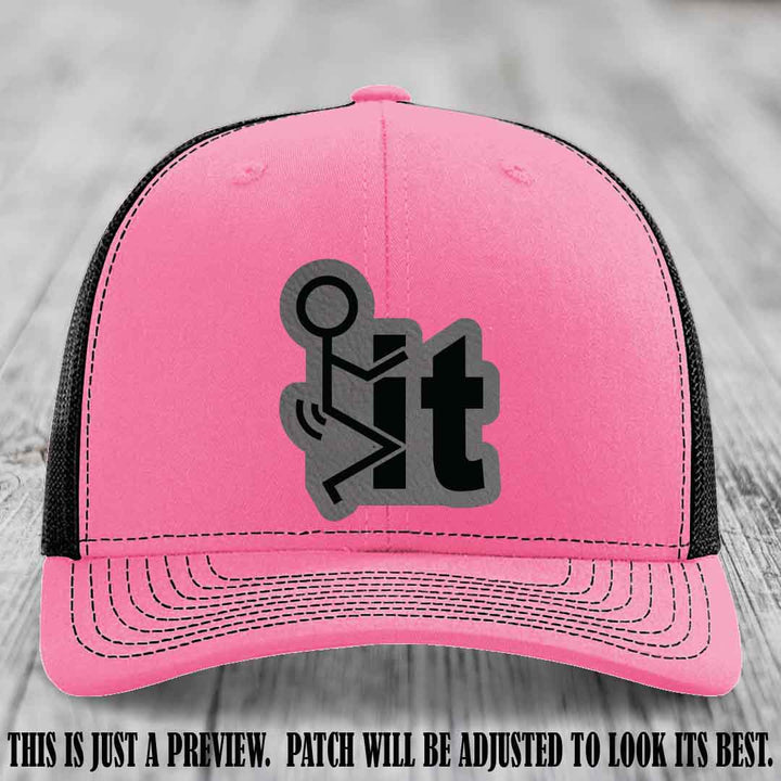Stick It 😏 grey to black patch on hot pink to black hat Richardson 112 leather patch hat