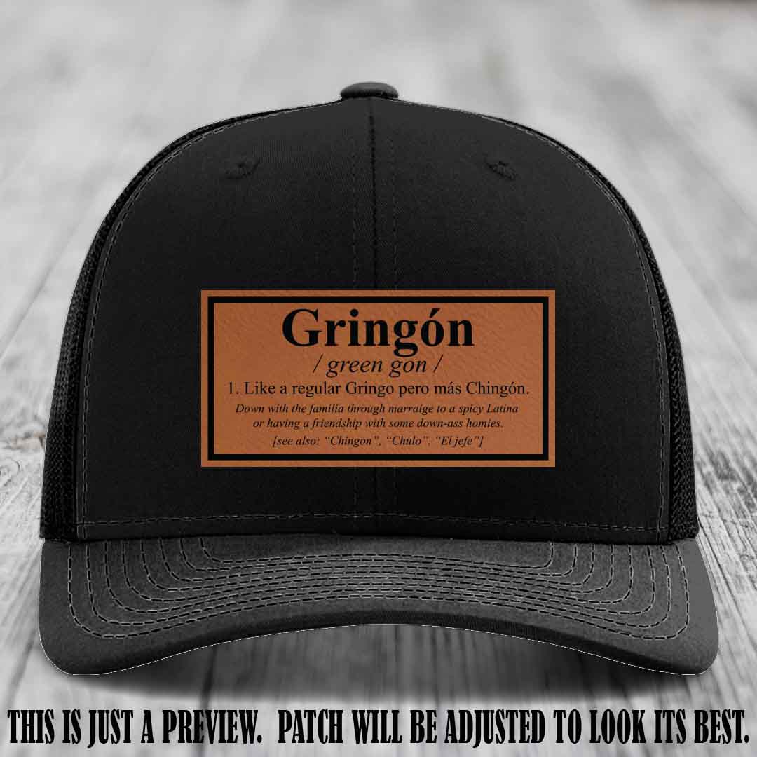 Gringón Funny Leather Patch Hat 😏🔥 Rawhide to Black Patch on Black Hat - Funny Custom Leather Patch Hat