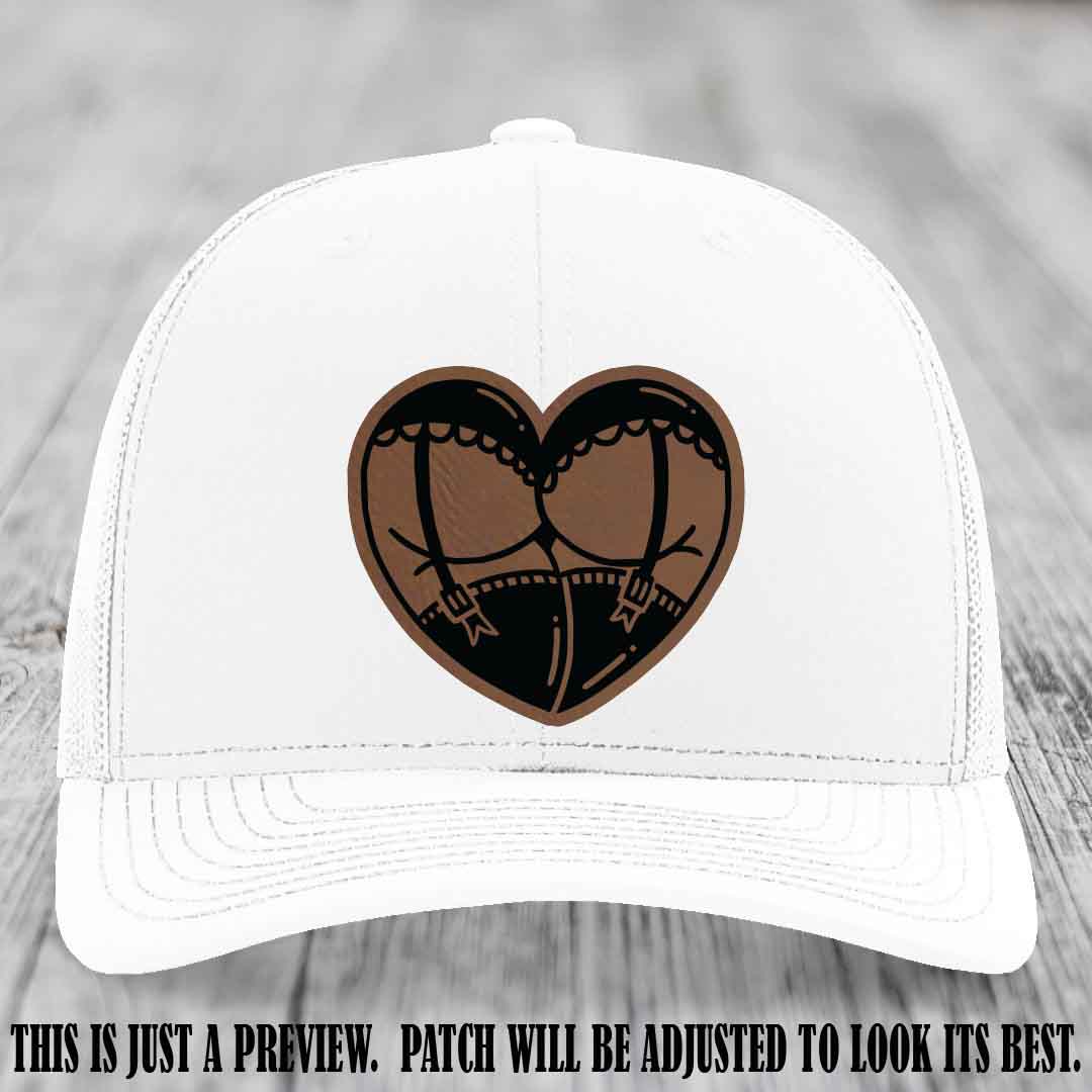 Cheeky Heart πβ€οΈ leather patch hat with Dark Brown to Black Patch on White Hat - custom Richardson 112 hat