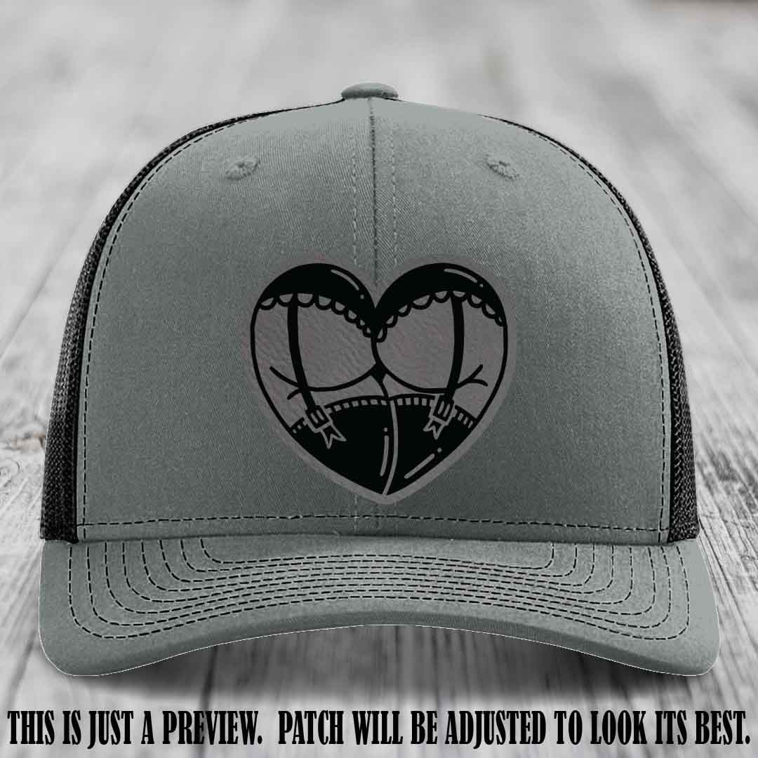 Cheeky Heart πβ€οΈ leather patch hat with Grey to Black Patch on Heather Grey to Black Hat - custom Richardson 112 hat