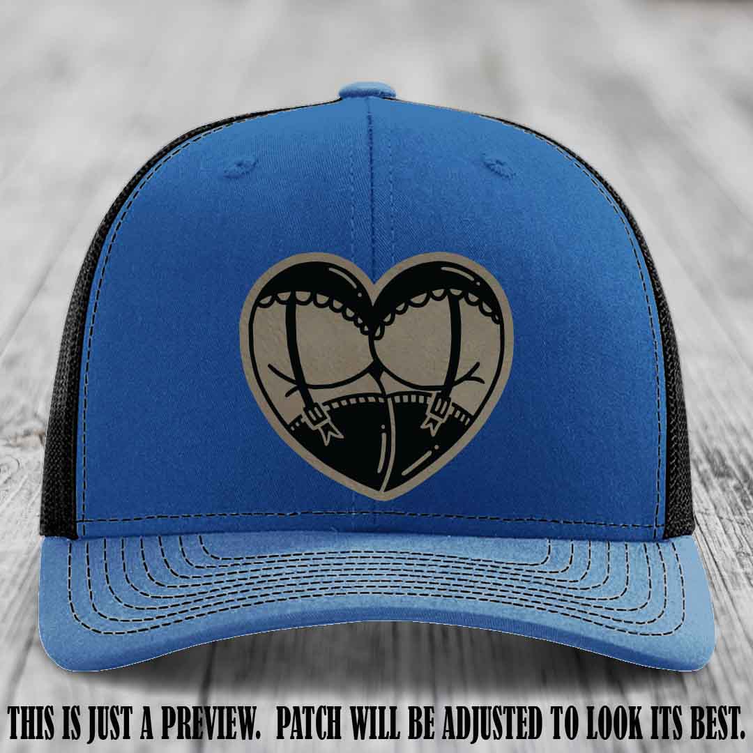 Cheeky Heart 🍑❤️ leather patch hat with Light Brown to Black Patch on Royal to Black Hat - custom Richardson 112 hat