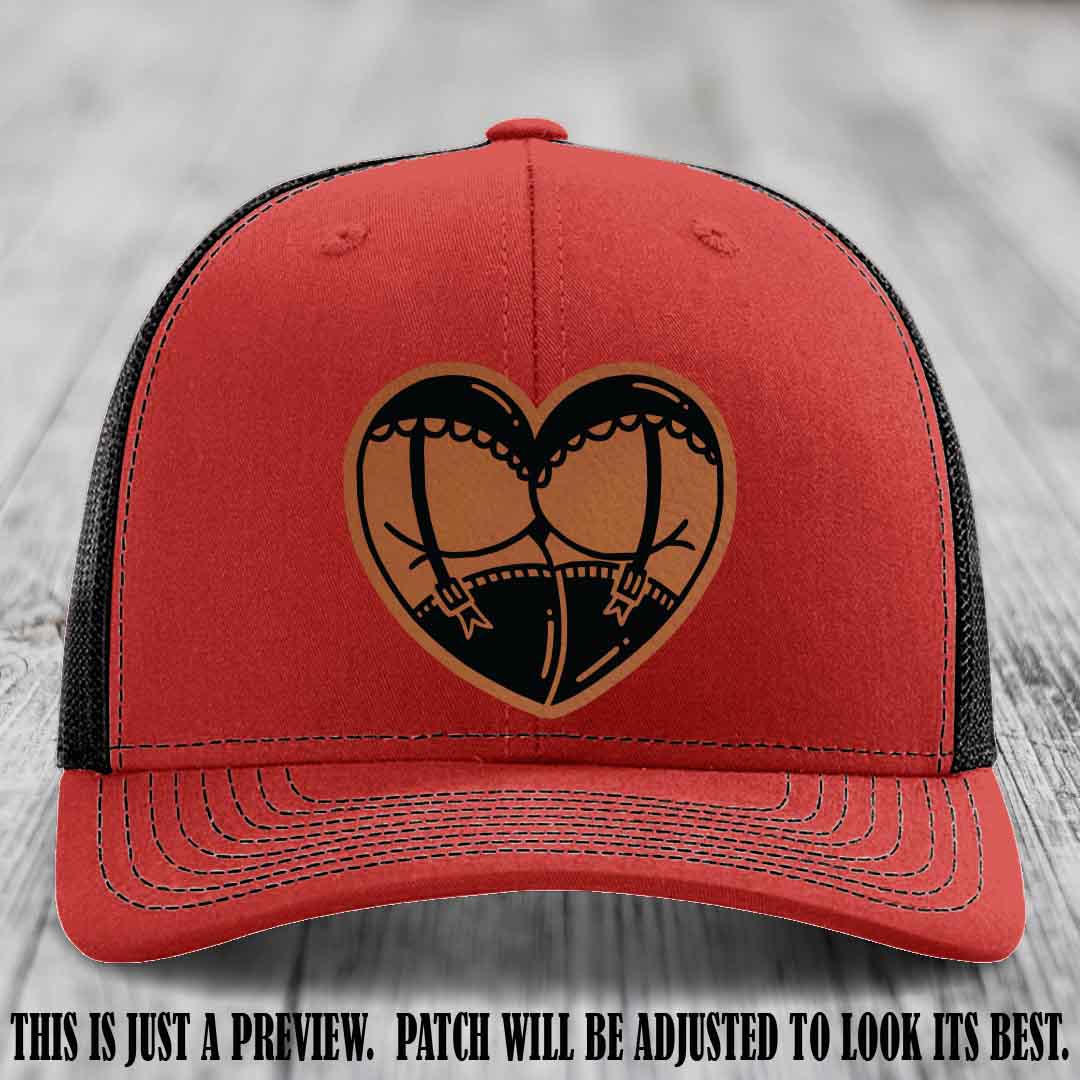 Cheeky Heart πβ€οΈ leather patch hat with Rawhide to Black Patch on Red to Black Hat - custom Richardson 112 hat
