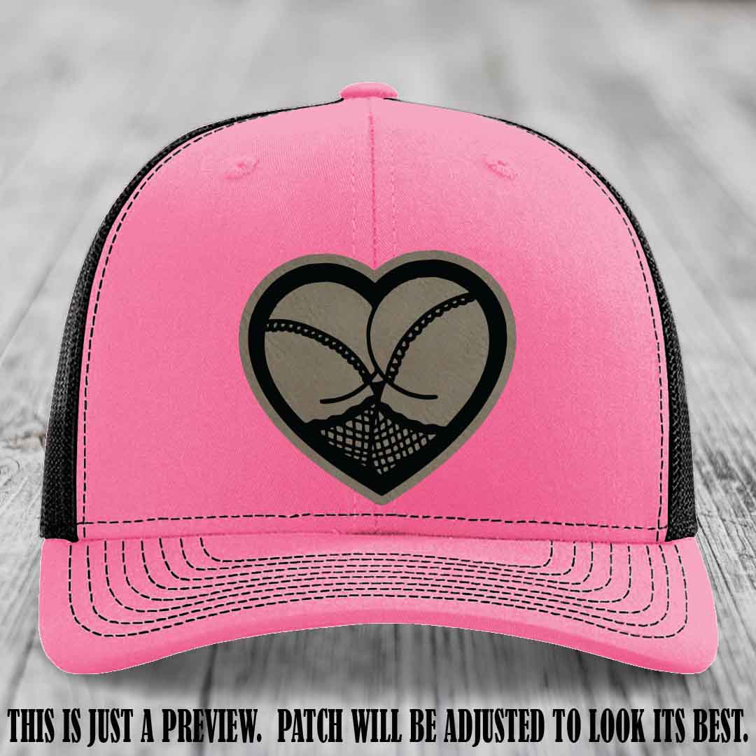 Booty Love Leather Patch in Light Brown to Black Patch on Hot Pink to Black Hat