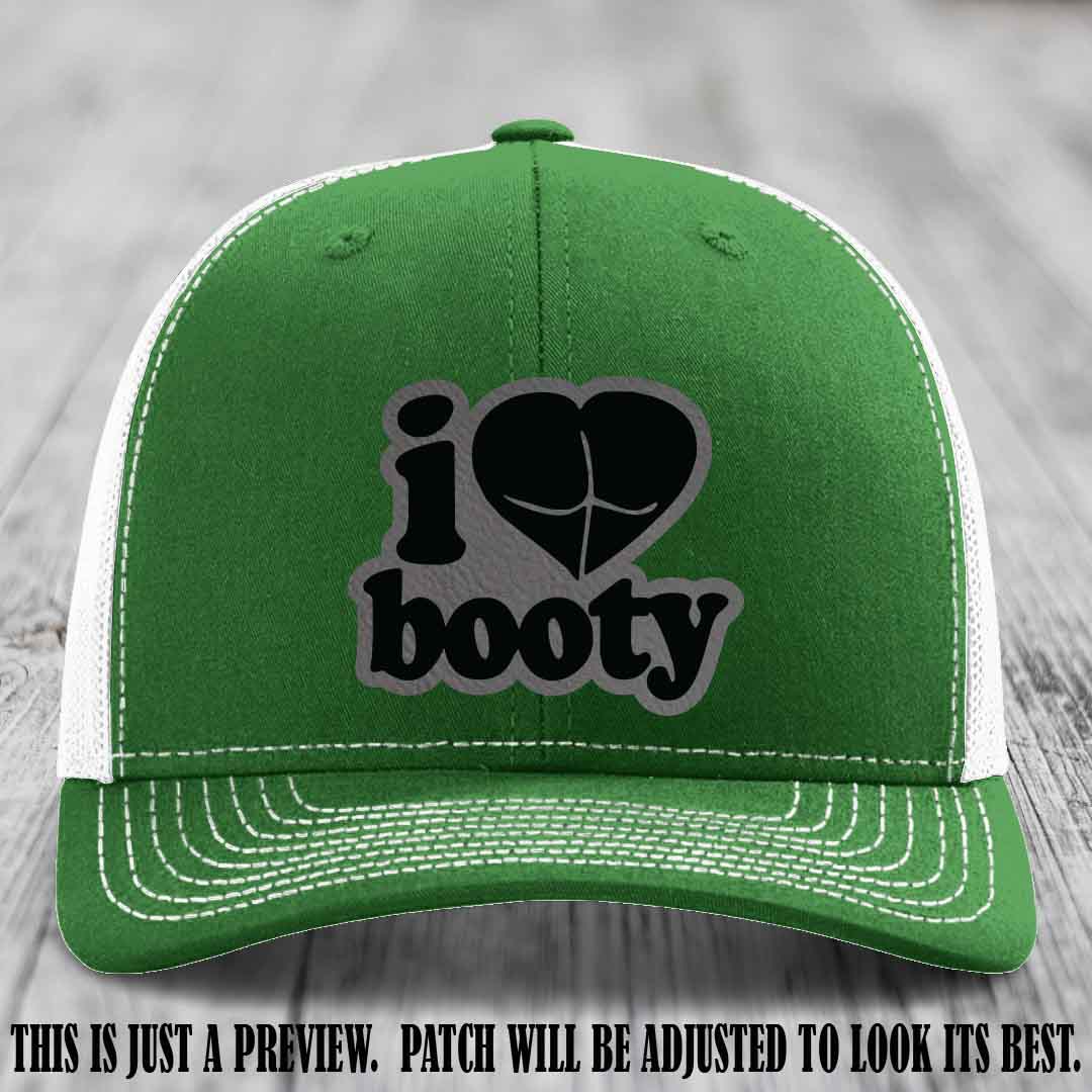 Booty Hunter Grey to Black Patch Leather Patch on Kelly to White Hat - Funny Richardson 112 Hat