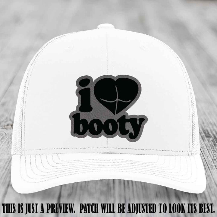 Booty Hunter Grey to Black Patch Leather Patch on White Hat - Funny Richardson 112 Hat