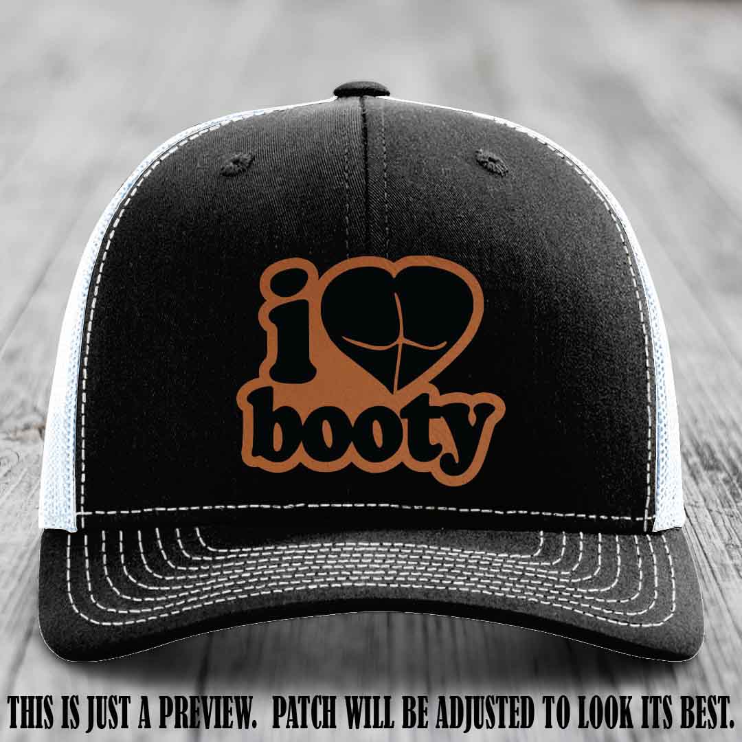 Booty Hunter Rawhide to Black Patch Leather Patch on Black to White Hat - Funny Richardson 112 Hat