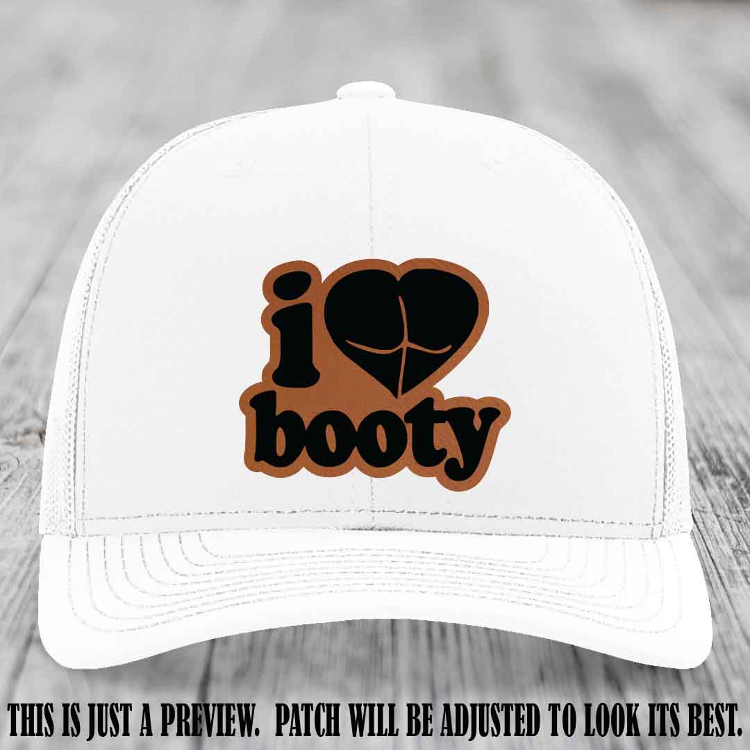 Booty Hunter Rawhide to Black Patch Leather Patch on White Hat - Funny Richardson 112 Hat