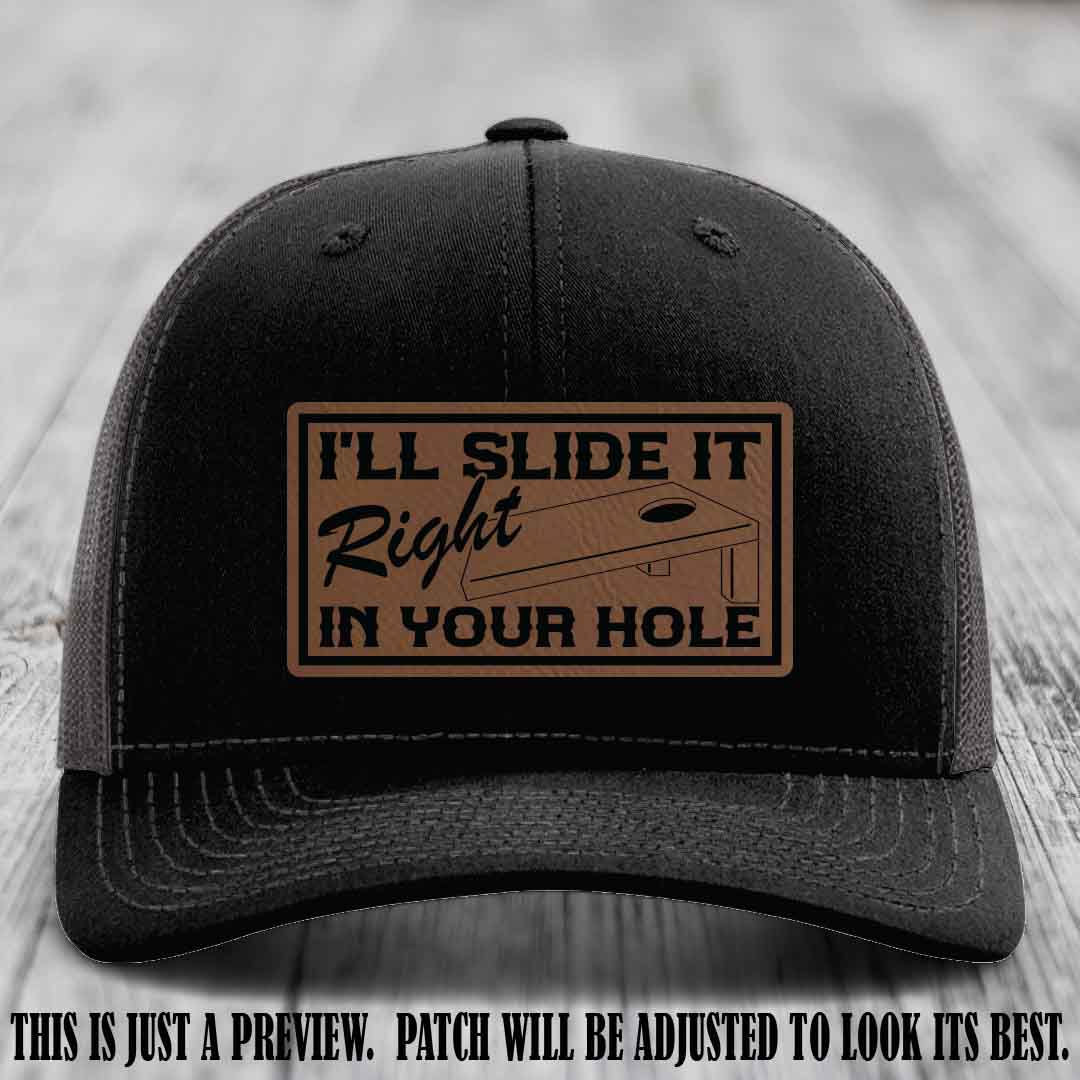 I'll Slide It Right In Your Hole π Dark Brown to Black Patch Leather Patch Hat on Black to Charcoal Hat