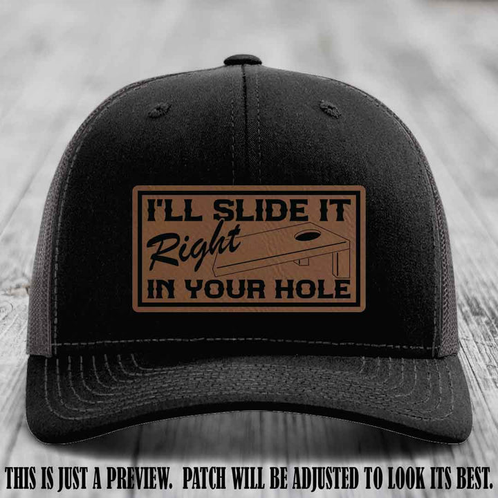 I'll Slide It Right In Your Hole π Dark Brown to Black Patch Leather Patch Hat on Black to Charcoal Hat