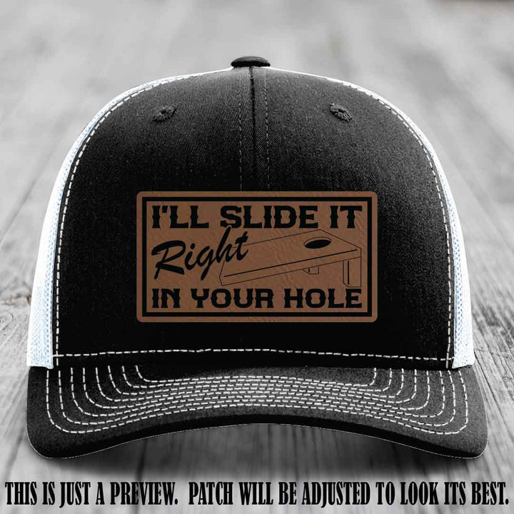 I'll Slide It Right In Your Hole π Dark Brown to Black Patch Leather Patch Hat on Black to White Hat