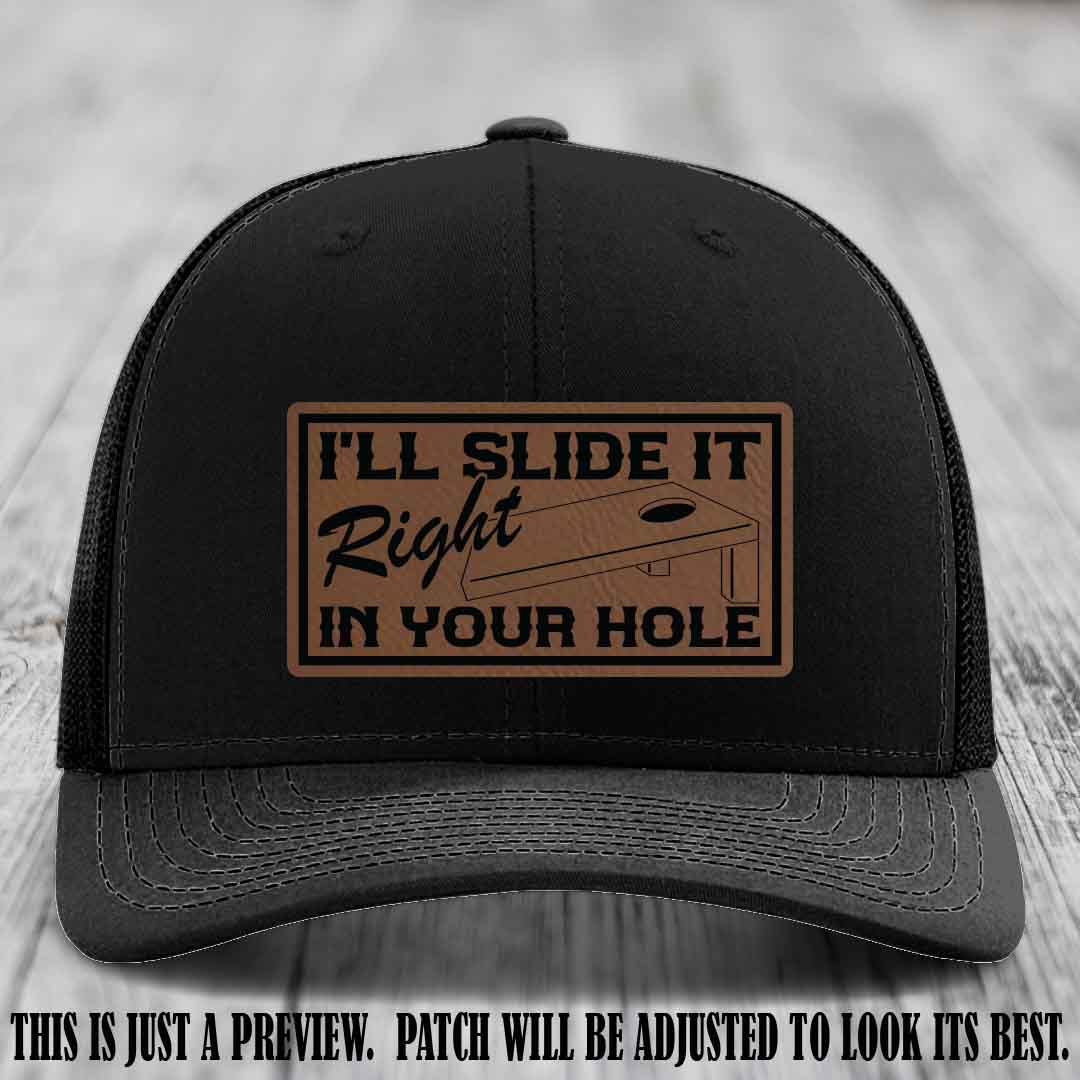 I'll Slide It Right In Your Hole π Dark Brown to Black Patch Leather Patch Hat on Black Hat