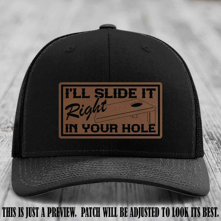 I'll Slide It Right In Your Hole π Dark Brown to Black Patch Leather Patch Hat on Black Hat