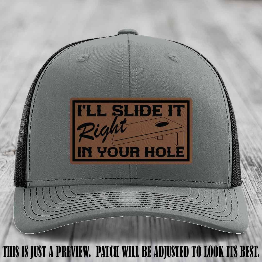 I'll Slide It Right In Your Hole π Dark Brown to Black Patch Leather Patch Hat on Heather Grey to Black Hat