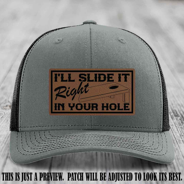 I'll Slide It Right In Your Hole π Dark Brown to Black Patch Leather Patch Hat on Heather Grey to Black Hat
