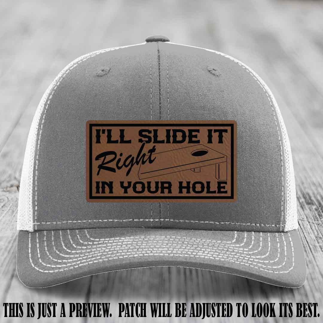 I'll Slide It Right In Your Hole π Dark Brown to Black Patch Leather Patch Hat on Heather Grey to White Hat