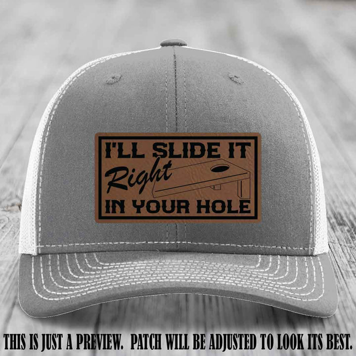 I'll Slide It Right In Your Hole π Dark Brown to Black Patch Leather Patch Hat on Heather Grey to White Hat