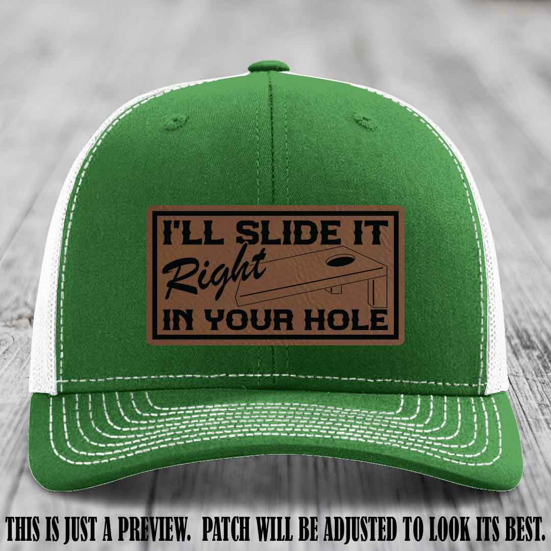 I'll Slide It Right In Your Hole π Dark Brown to Black Patch Leather Patch Hat on Kelly to White Hat