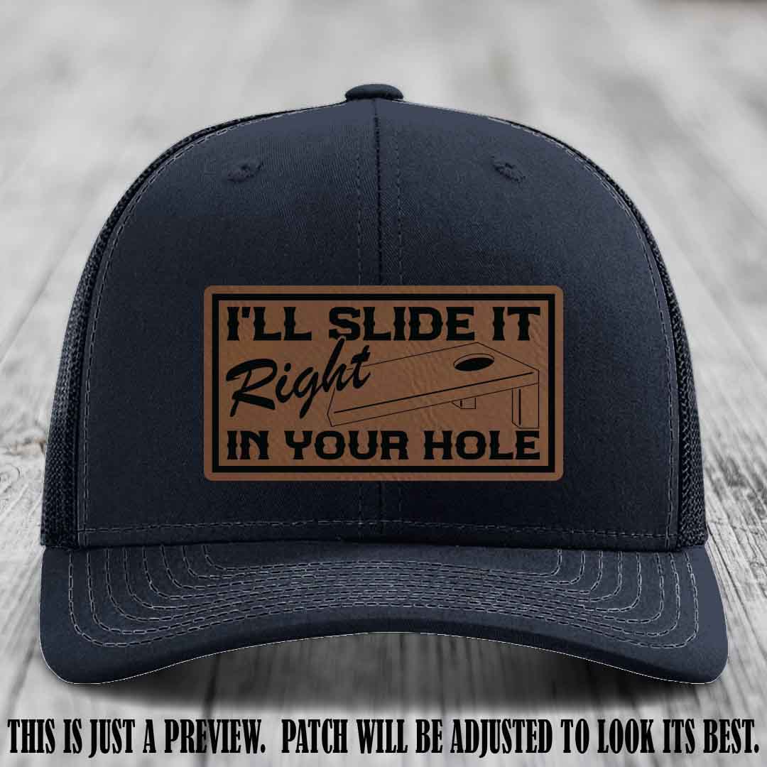 I'll Slide It Right In Your Hole π Dark Brown to Black Patch Leather Patch Hat on Navy Hat