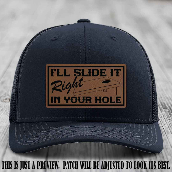 I'll Slide It Right In Your Hole π Dark Brown to Black Patch Leather Patch Hat on Navy Hat