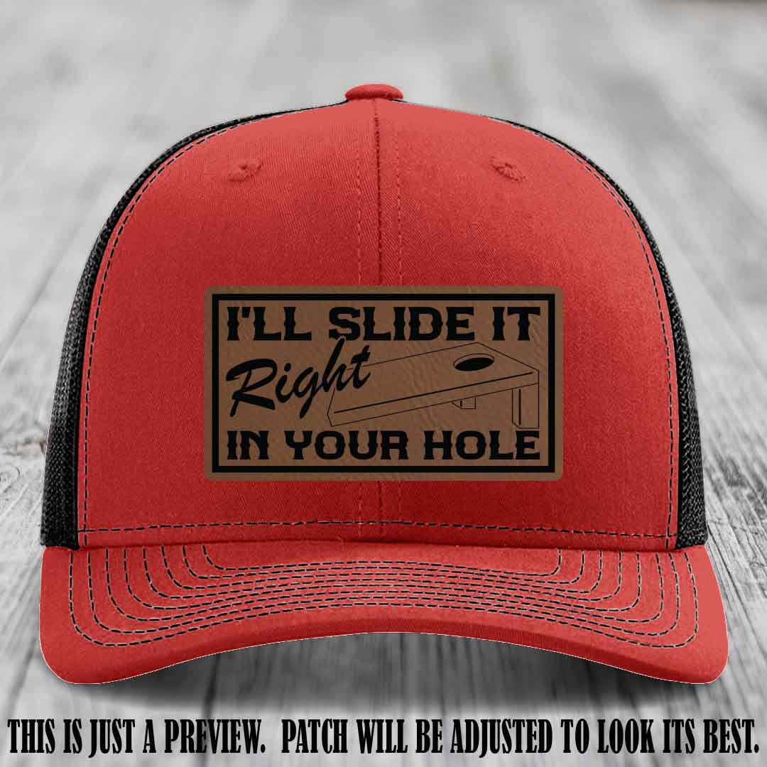 I'll Slide It Right In Your Hole π Dark Brown to Black Patch Leather Patch Hat on Red to Black Hat