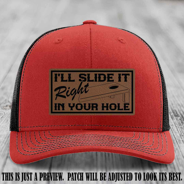 I'll Slide It Right In Your Hole π Dark Brown to Black Patch Leather Patch Hat on Red to Black Hat