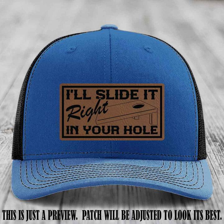 I'll Slide It Right In Your Hole π Dark Brown to Black Patch Leather Patch Hat on Royal to Black Hat