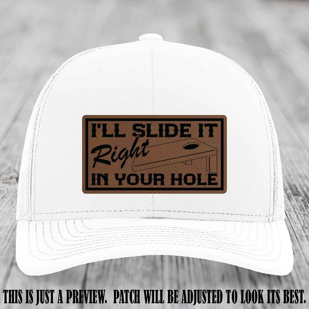 I'll Slide It Right In Your Hole π Dark Brown to Black Patch Leather Patch Hat on White Hat
